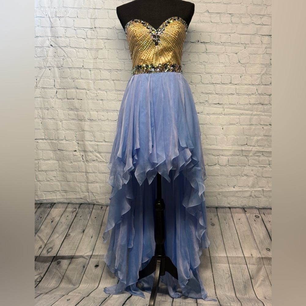 Sherri Hill Gold and Blue High-Low Handkerchief Prom Dress